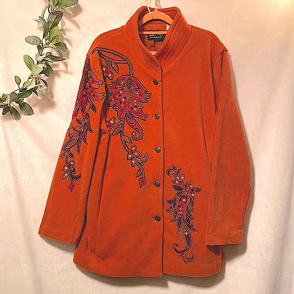 Bob Mackie fleece jacket with Paisley appliqué